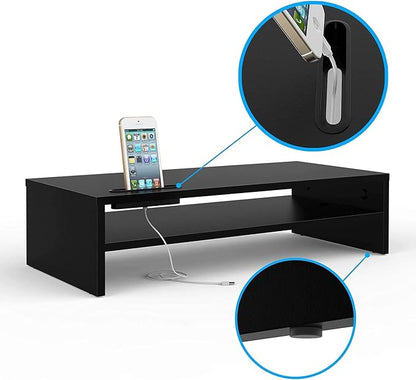 BONTEC Wood Monitor Stand Riser, 2-Tier Desktop Organizer with Storage, Ergonomic Computer Stand for Desk, Cable Management, Cellphone Holder, 21.3 Inch Shelf, Black | Ergonomic Computer Stand for Desk, Cable Management, Cellphone Holder, 21.3 Inch She...