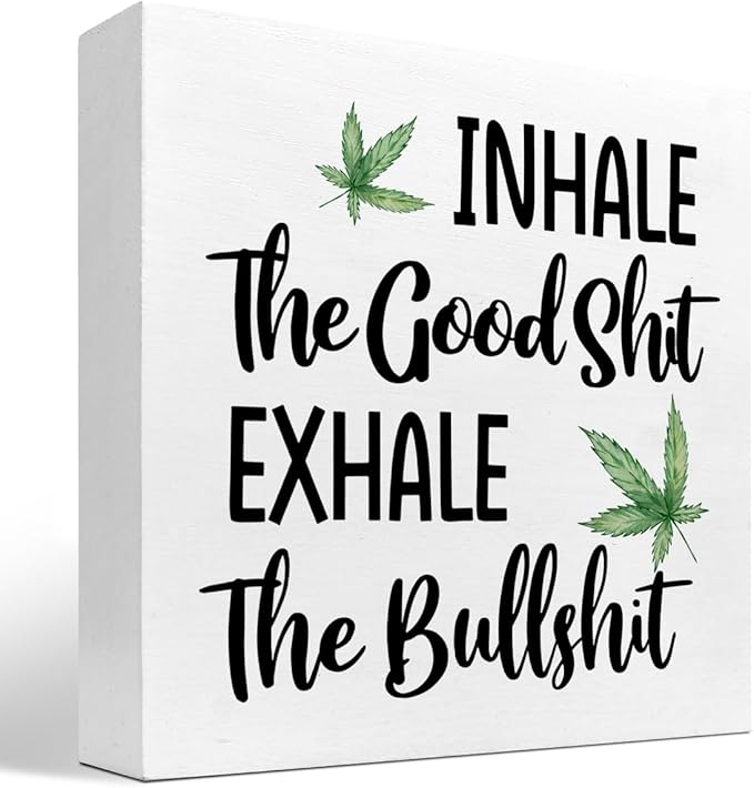 Funny Office Wood Sign,Inhale Exhale Meditation Quote Wood Block Sign Desk Decor,Funny Wooden Box Plaque Sign Desk Decor for Home Yoga Room Meditation Space Shelf Table Decorations