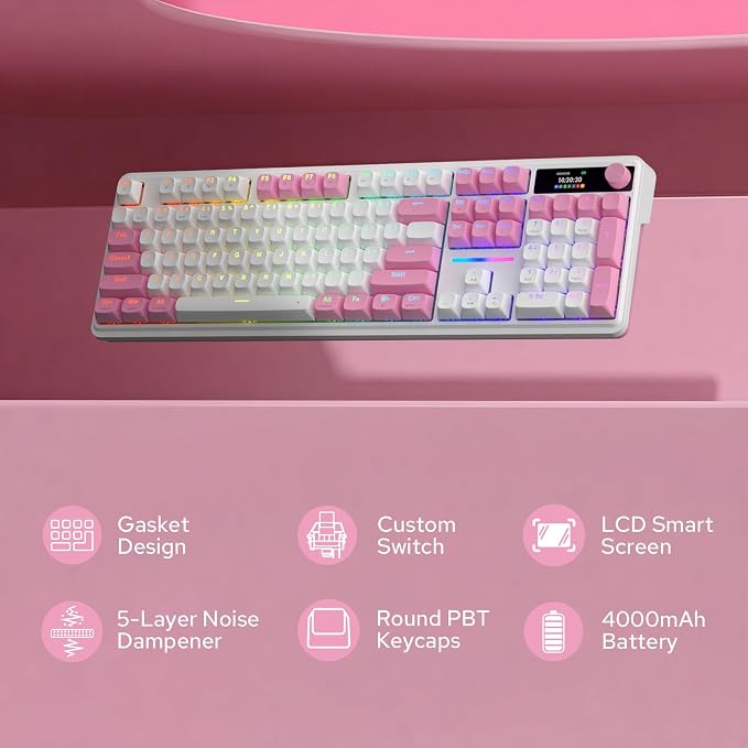 Redragon K762 PRO Wireless 104-Key Gasket Gaming Keyboard, Screen & Knob | Easy-Control LED Info Display, 0-Delay Tri-Mode, Cushioned 5-Layer Noise Dampening for Creamy Thocky Sound, Full-Size 104-Key