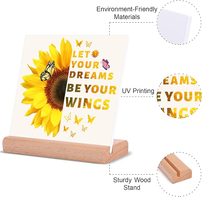TIKTREE Inspirational Gifts for Women, Let Your Dreams Be Your Wings Positive Sign, Sunflower Motivational Gifts, Cheer Up Gifts for Women, Home Office Desk Decor with Wood Base