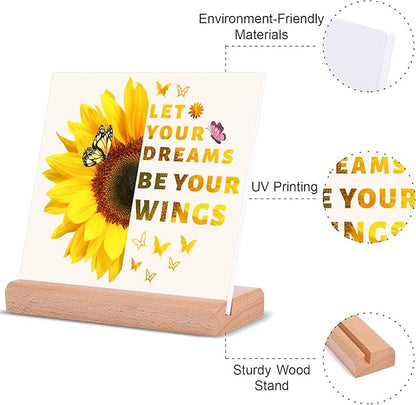 TIKTREE Inspirational Gifts for Women, Let Your Dreams Be Your Wings Positive Sign, Sunflower Motivational Gifts, Cheer Up Gifts for Women, Home Office Desk Decor with Wood Base
