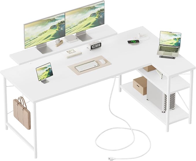 Mericonia 55 in L Shaped Gaming Desk, Large Corner Desk with Monitor Stand | Reversible Computer Desk with Power Outlets, LED Light & Storage Shelves, Office Table for Home Bedroom Study Work Writing
