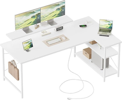 Mericonia 55 in L Shaped Gaming Desk, Large Corner Desk with Monitor Stand | Reversible Computer Desk with Power Outlets, LED Light & Storage Shelves, Office Table for Home Bedroom Study Work Writing