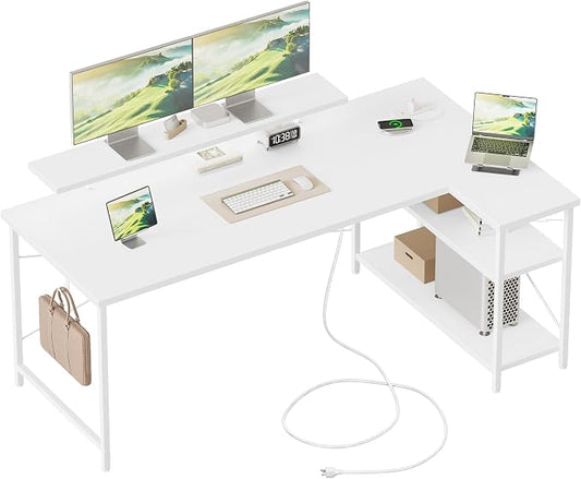 Mericonia 55 in L Shaped Gaming Desk, Large Corner Desk with Monitor Stand | Reversible Computer Desk with Power Outlets, LED Light & Storage Shelves, Office Table for Home Bedroom Study Work Writing