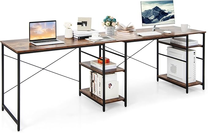 L-Shaped Home Office Desk, Corner Computer Desk w/Monitor Stand, Reversible PC Desk w/Heavy-Duty Metal Frame, Long Office Desk for 2 Person, Space-Saving Design (Rustic Brown)