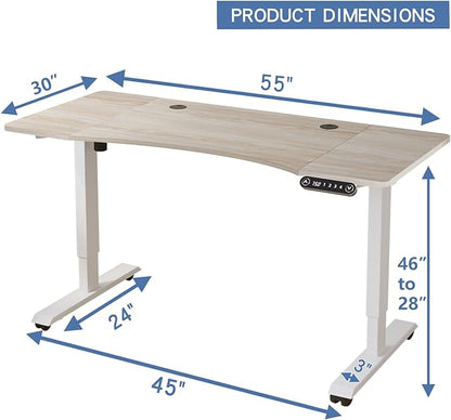 Adjustable Height Electric Standing Desk - 55 x 30 Inch Sit Stand Computer Desk with Splice Board, Stand Up Desk Table for Home Office, White Frame/Oak Top(with Radian)