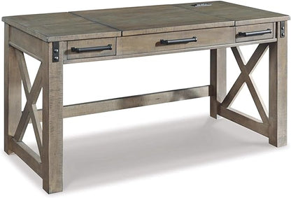 Signature Design by Ashley Aldwin Rustic Farmhouse 60" Home Office Lift Top Desk with Charging Ports, Distressed Gray & Arlenbry End Table, Gray