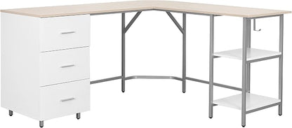 Techni Mobili 59" Two-Tone L‑Shaped Office Desk with Storage Shelves, Sand | 59" two‑tone L‑shaped desk with storage shelves, durable frame, modern corner workstation, spacious home office writing space