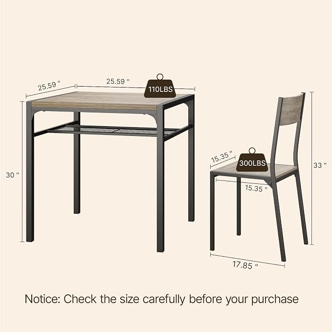 Gizoon Dining Table Set for 2, 3 Piece Kitchen Table with 2 Chairs for Small Space, Apartment, Kitchen, Dining Room, Space-Saving