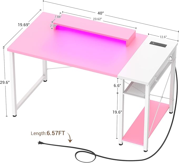 armocity Computer Desk with LED, Gaming Desk with Outlets, 40 Reversible Laptop Table with Monitor Stand, Small Desk for Small Spaces, Pink