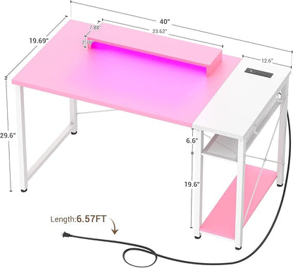 armocity Computer Desk with LED, Gaming Desk with Outlets, 40 Reversible Laptop Table with Monitor Stand, Small Desk for Small Spaces, Pink