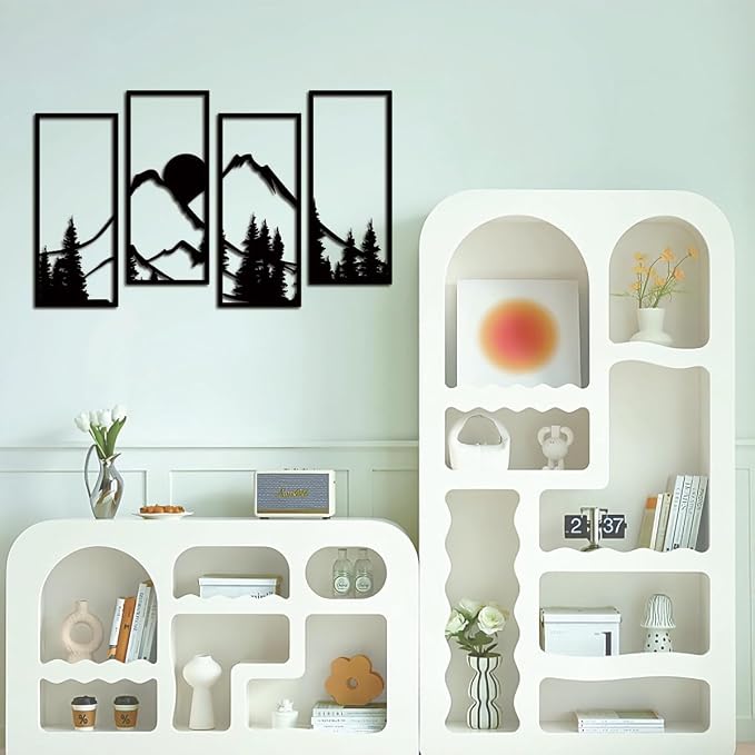 Metal Sunset Mountain Forest Wall Decor Set of 4, Minimalist Line Drawing Large Mountains Wall Art Home Decor for Living Room Bedroom Office…