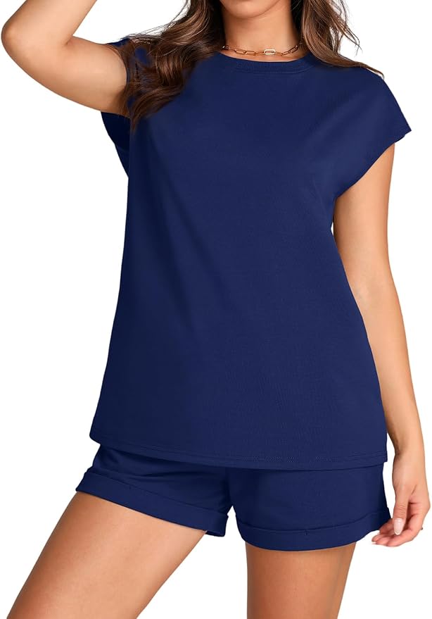 WIHOLL 2 Piece Sets for Women Casual Summer Travel Vacation Outfits Cap Sleeve Shorts Lounge Set