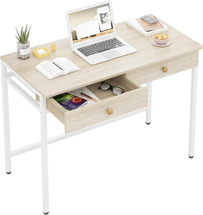 Weehom Computer Desk with Drawers, Home Office Workstation, Beige | Sturdy and spacious workstation for writing, studying and gaming, Suitable for PC and laptop use