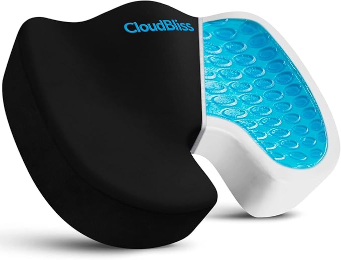 CloudBliss Gel Seat Cushion - Cooling Gel Enhanced Memory Foam Ergonomic Seat Cushion for Long Sitting for Office, Game, Car, Automotive, Airplane (Large, Black)