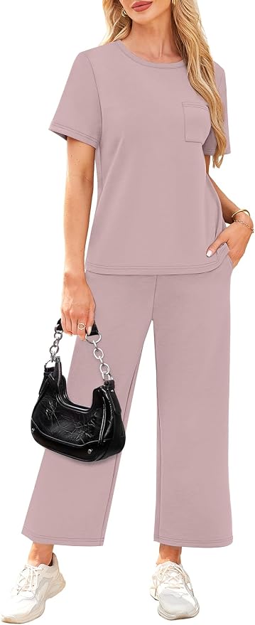 WIHOLL 2 Piece Sets for Women Casual Summer Travel Vacation Outfits Short Sleeve Wide Leg Crop Pants Lounge Sets
