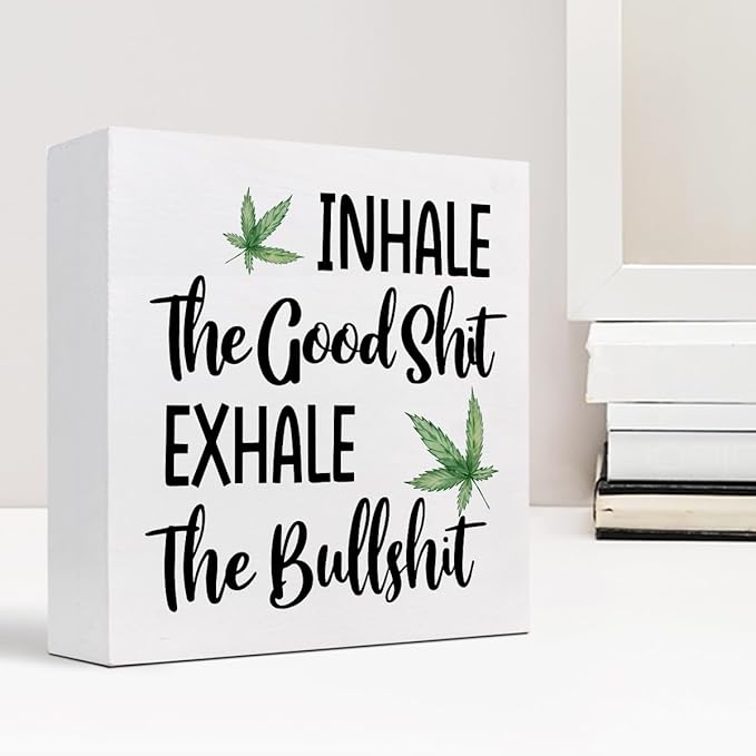 Funny Office Wood Sign,Inhale Exhale Meditation Quote Wood Block Sign Desk Decor,Funny Wooden Box Plaque Sign Desk Decor for Home Yoga Room Meditation Space Shelf Table Decorations