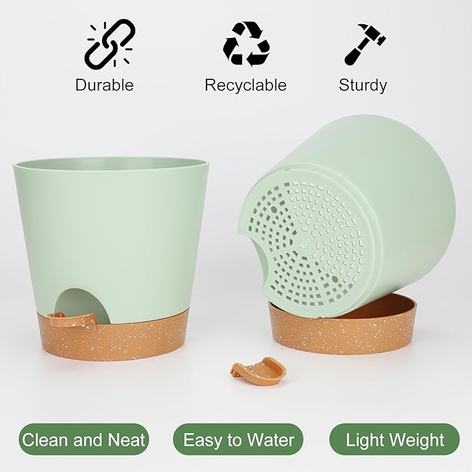 8-Inch Plant Pots, Self-Watering Planters with Drainage Holes & Saucers for Indoor and Outdoor Plants (2-Pack, Green)