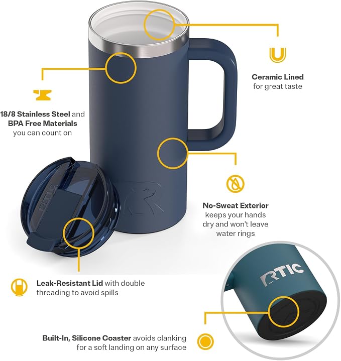 RTIC 16oz Road Trip Travel Mug with Lid and Handle, Ceramic Lined, Navy | Stainless Steel Metal, Insulated Travel Cup for Hot and Cold Drinks, Coffee, Car, Camping and Travel