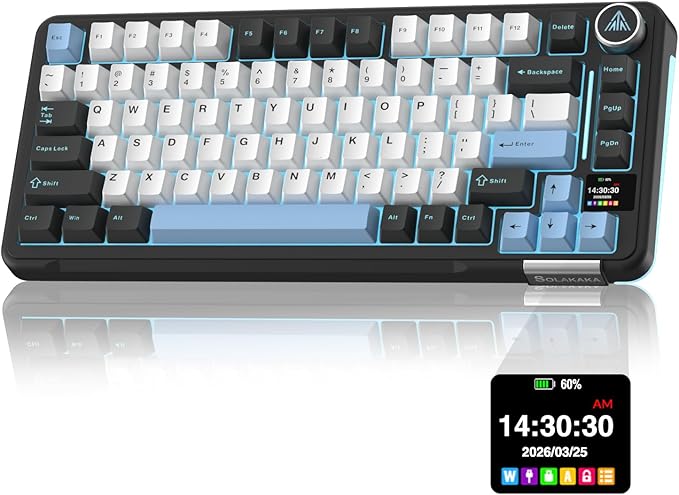 SOLAKAKA A75 PRO Black Gaming Keyboard 75% Wireless Mechanical with Screen and Knob, RGB Backlit Hot Swappable Gasket Pre-lubed PBT Keycaps for PC/Mac/Win