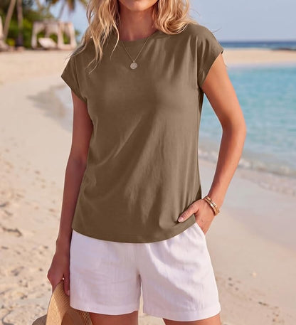 GRECERELLE Womens Summer Tops Cap Sleeve Crew Neck Basic T-Shirt | Everyday Casual Wear, Layering Friendly, Wrinkle-Resistant, Business Casual Ready, Lightweight & Packable, Capsule Wardrobe