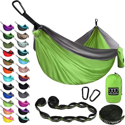 Gold Armour Camping Hammock - XL Double Hammock Portable Hammock Camping Accessories Gear for Outdoor Indoor with Tree Straps, USA Based Brand (Lime Green and Gray)