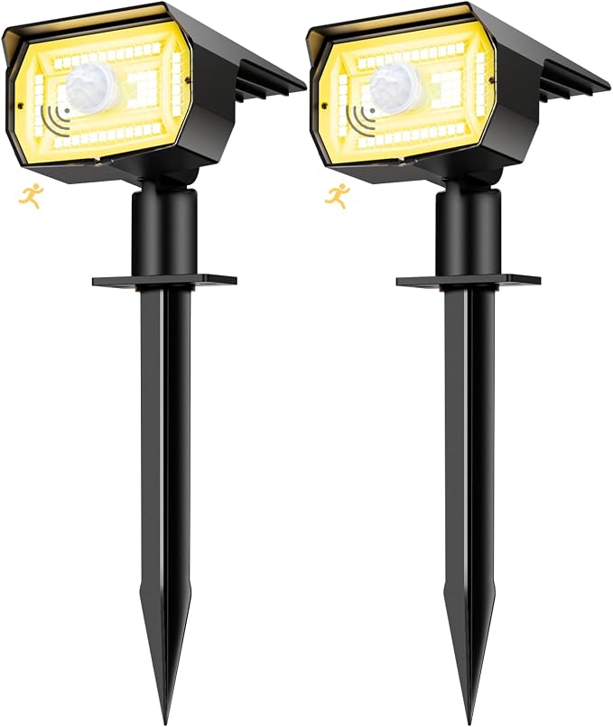 nipify Solar Spot Lights Outdoor Motion Sensor with 3 Modes, [ 2 Pack ] Solar Spotlights Outdoor Waterproof 2-in-1 Auto On/Off Landscape Lighting for Outside Yard Wall Garden Pathway, Warm White