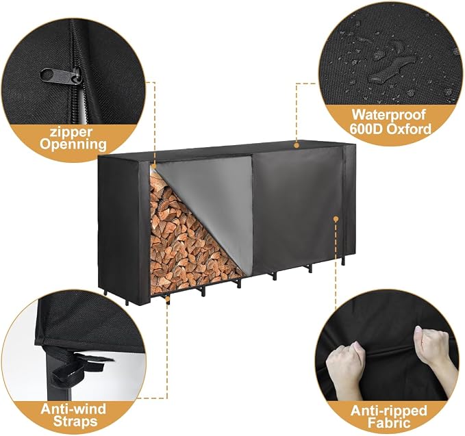 Vailge Firewood Rack Cover 8FT, Waterproof Firewood Rack Outdoor Cover with Full Front Zipper & Windproof Straps, Heavy Duty 600D Oxford Log Protector for All Seasons