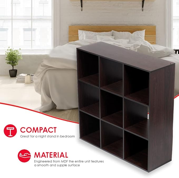 Home Basics 9-Cube Storage Organizer with 11" Shelf Opening Espresso MDF Bookcase and Display Shelf | Open and Closed Back Combination | Horizontal or Vertical Orientation