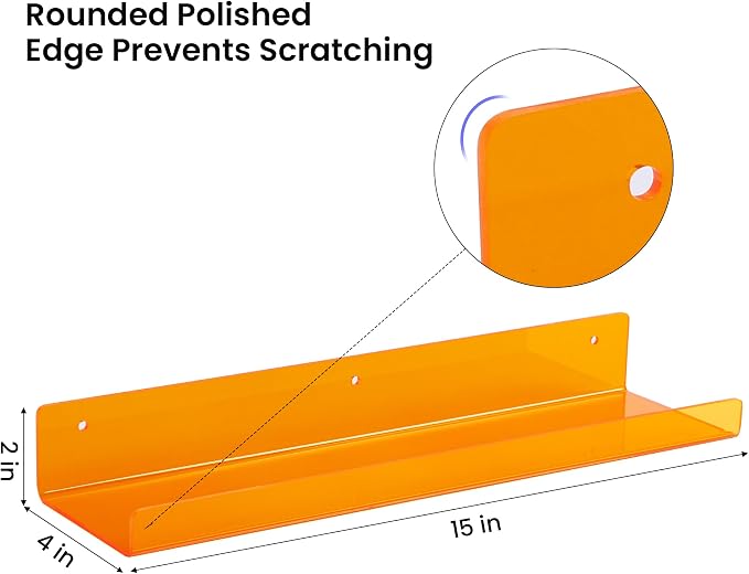 upsimples Acrylic Shelves for Wall Decor, 15" Display Shelf Perfume Organizer for Bathroom, Bedroom, Living Room, Floating Bookshelves for Kids, Clear Orange, 4 Pack