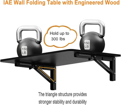 IAE 36x22in Floating Fold Desk,Wall-Mounted Folding Computer Table,Black | Study Table with Shelf Brackets,Foldable Down Shelf with Engineered Wood,Fold Computer Desk for Small Apartment,Holds 501 lb