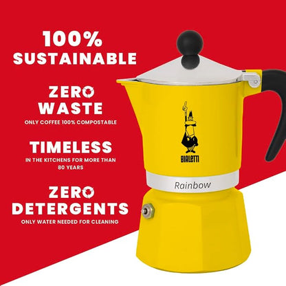 Bialetti Rainbow Moka Pot in Yellow, 6 Cup Stove Top Espresso Maker - Aluminum Cafetera for Ground Coffee, Italian Coffee Maker for Home Brewing