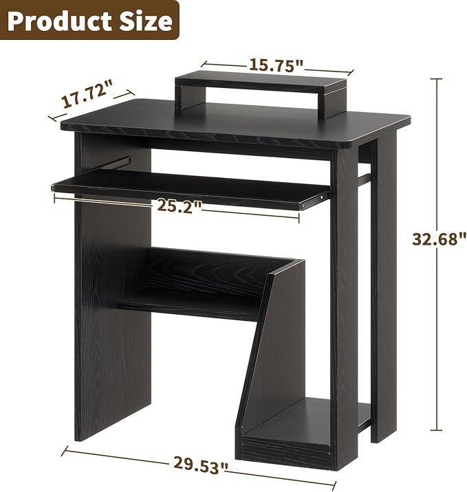 ALISENED 30 Inch Computer Desk, with Keyboard Tray & Monitor Stand | Compact Desk for Space-Saving, Ergonomic Study Desk with Storage Shelves for Writing, Gaming, Working, Black