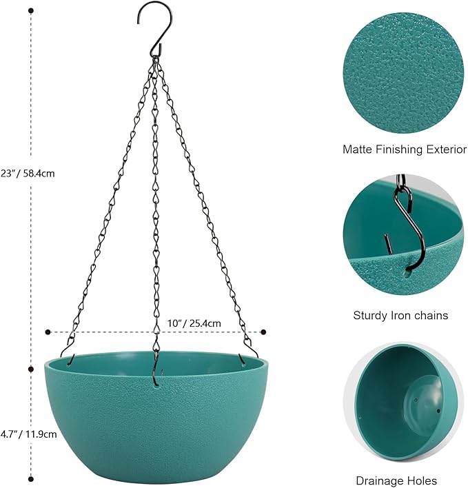 10 inch Hanging Planters for Indoor Outdoor Plants, 2 Pack Hanging Flower Pots with Drainage Holes and Chain for Garden Porch, Plastic Hanging Baskets for House Plants, Blue Green