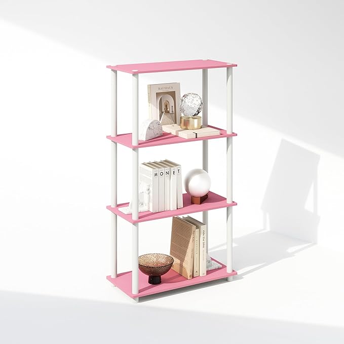 Furinno Turn-N-Tube 4-Tier Multipurpose Shelf Display Rack, Shelving Unit, Bookcase, Pink/White