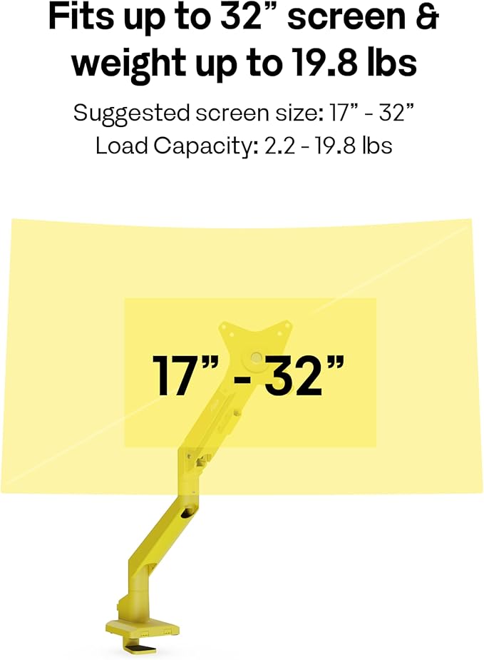 Pixio PS1S Wave Yellow Single Monitor Arm Stand Desk Mount - Fits up to 32 inches Monitors and up to 19.8lbs. VESA Compatibility and Integrated Cable Management