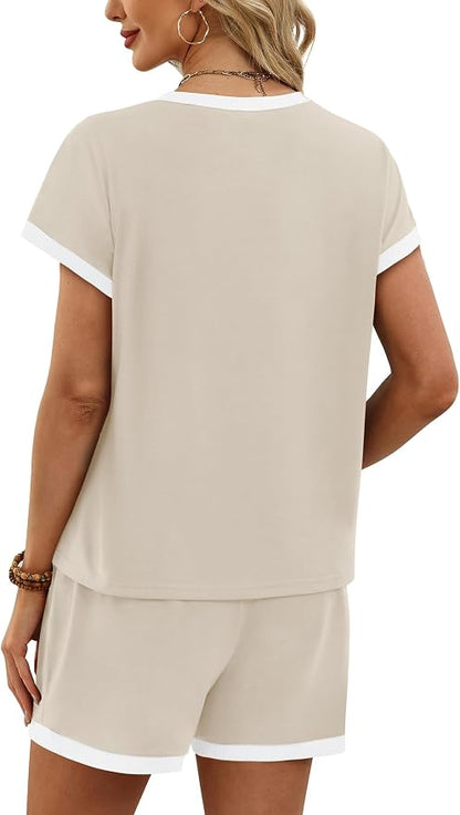 WIHOLL Two Piece Sets for Women Summer Lounge Short Sets Cap Sleeve Crew Neck Sweatsuit with Pocket XS-2XL