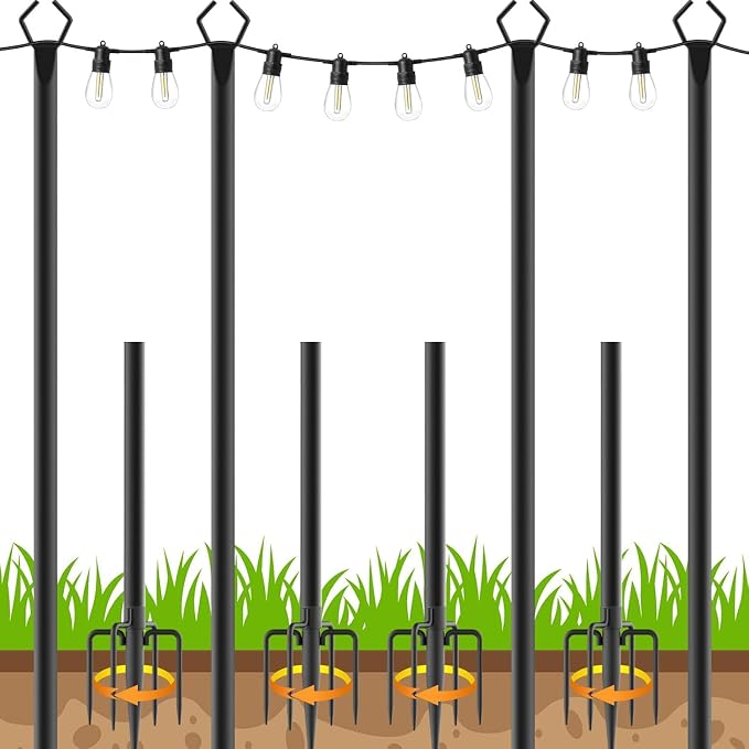 4 Pack 10 FT String Light Poles,Metal with Fork Lights Poles for Outdoor String Light, Rustproof Heavy Duty for Outside Garden,Patio,Wedding,Backyard,Deck,Party