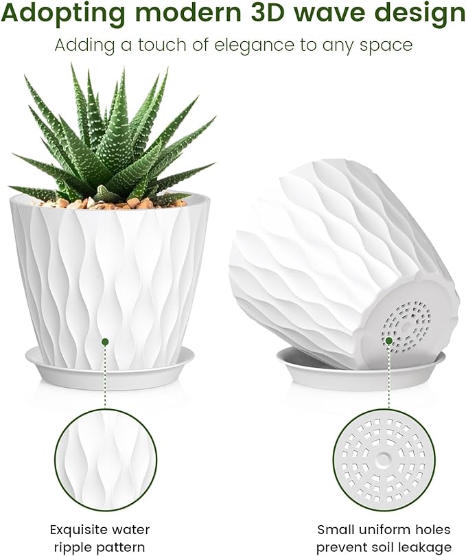 5 inch Plant Pots for Indoor Outdoor Plants, 6 Pack Thick Nursery Pots with Drainage Holes and Saucers, 3D Modern Wave Texture Small Plastic Planter Flower Pots for Succulent, Herb, White