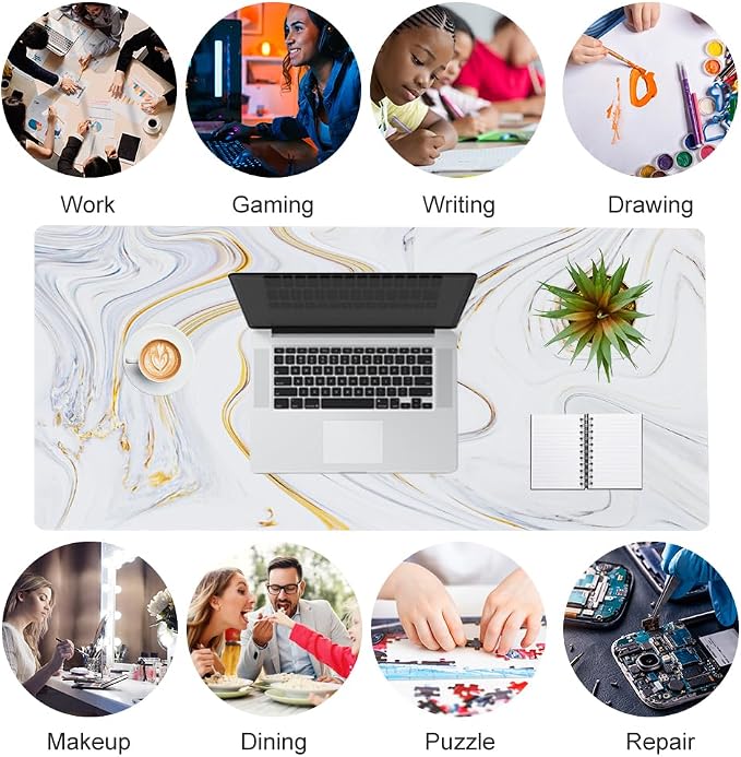 QIYI Large Mouse Pad, Cute Marble White Desk Mat, PU Leather Desk Protector Mousepad, Gold Grey Striped Waterproof Computer Keyboard Gaming Mouse Pads, Non Slip Extended Writing Pad 31.5" x 15.7"
