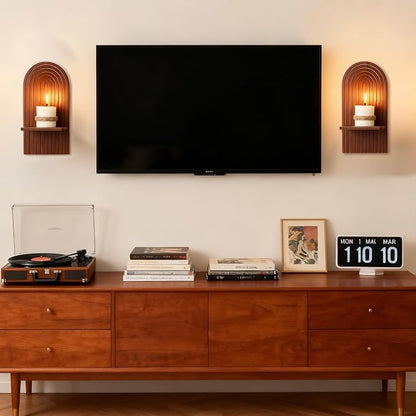 Mid Century Modern Walnut Wall Candle Holder Set of 2 | 3D Arch Candle Sconces, MCM Decor, Wooden Minimalist Shelf, for Plants or Pillars, for Living Room Fireplace