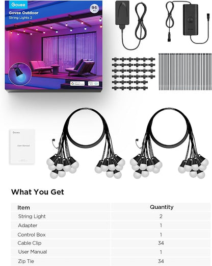 Govee Smart Outdoor String Lights 2, 96ft RGBIC Patio Lights with 30 Bulbs | Dimmable Warm White LED Bulbs, IP65 Waterproof, 47 Scene Modes for Backyard, Balcony, Work with Alexa, App Control