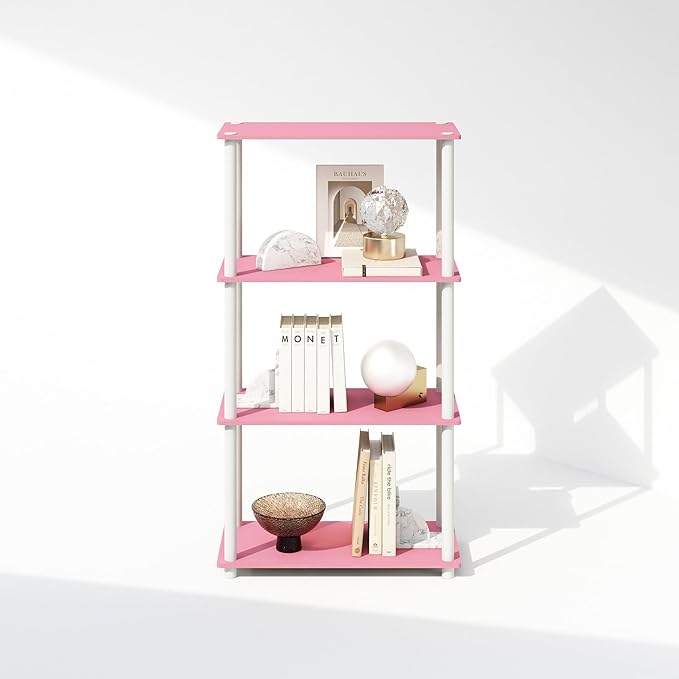 Furinno Turn-N-Tube 4-Tier Multipurpose Shelf Display Rack, Shelving Unit, Bookcase, Pink/White