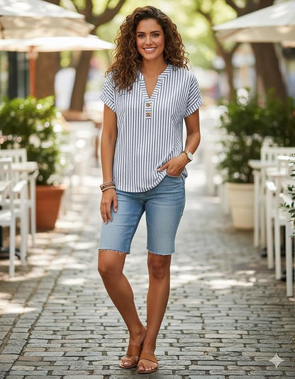 Womens Henley Summer Tops V Neck Button Dressy Casual T Shirts Blouses | Breathable, V-Neck Button, Striped, Loose Fit, Business Casual, Office, Vacation, Spring Summer Tops, Basic Shirts