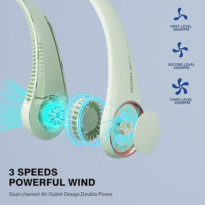 Morelax Neck Fan, USB Rechargeable Personal Fan,Hand Free Bladeless Portable Fans,4000 mAh, 3 Speeds,72 Air Faster softer 360° Cooling, Ultra Quiet,Gift Suitable for Home, Office, Travel, Sports Green