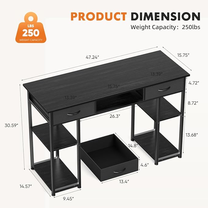 47 Inch Computer Desk with 2 Drawers, Home Office Desk with Wooden Shelves, Study Writing PC Table for Small Spaces, Bedroom, Dorm or Living Room, Black