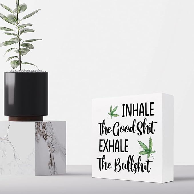 Funny Office Wood Sign,Inhale Exhale Meditation Quote Wood Block Sign Desk Decor,Funny Wooden Box Plaque Sign Desk Decor for Home Yoga Room Meditation Space Shelf Table Decorations