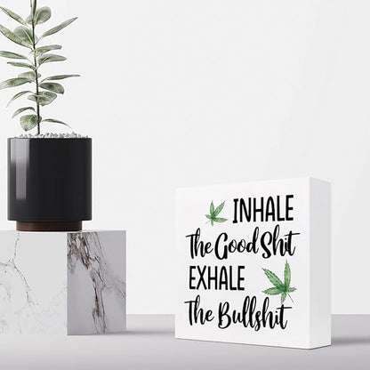 Funny Office Wood Sign,Inhale Exhale Meditation Quote Wood Block Sign Desk Decor,Funny Wooden Box Plaque Sign Desk Decor for Home Yoga Room Meditation Space Shelf Table Decorations