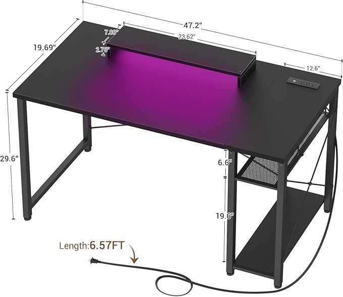 armocity 47 Gaming Computer Desk with LED Lights, Power Outlet and USB, Reversible Laptop Table with Moveable Monitor Stand for Small Spaces, Office, Gaming Room, Black
