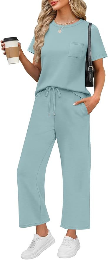 WIHOLL 2 Piece Sets for Women Casual Summer Travel Vacation Outfits Short Sleeve Wide Leg Crop Pants Lounge Sets